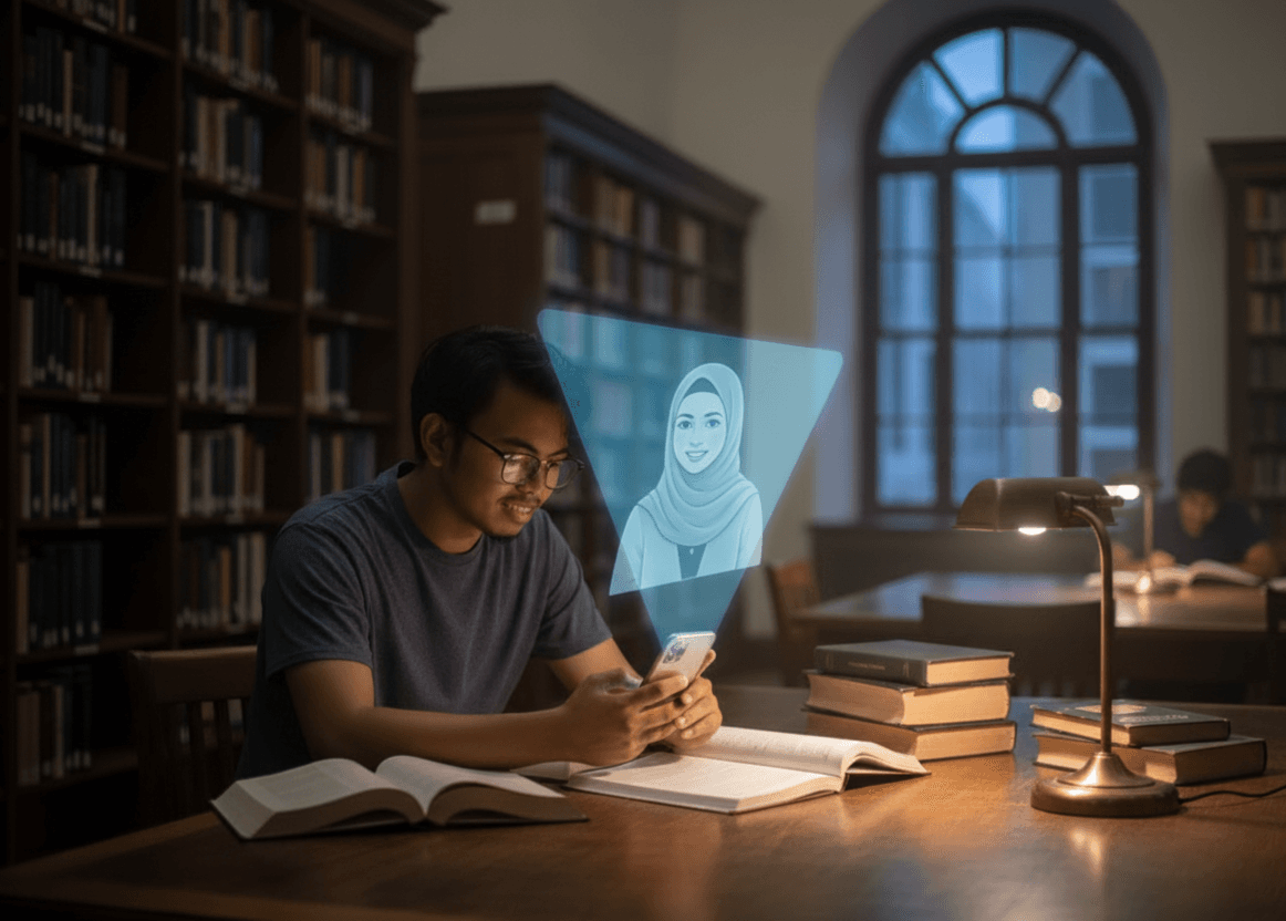 Malaysian student studying with AI therapist hologram appearing from phone in library setting